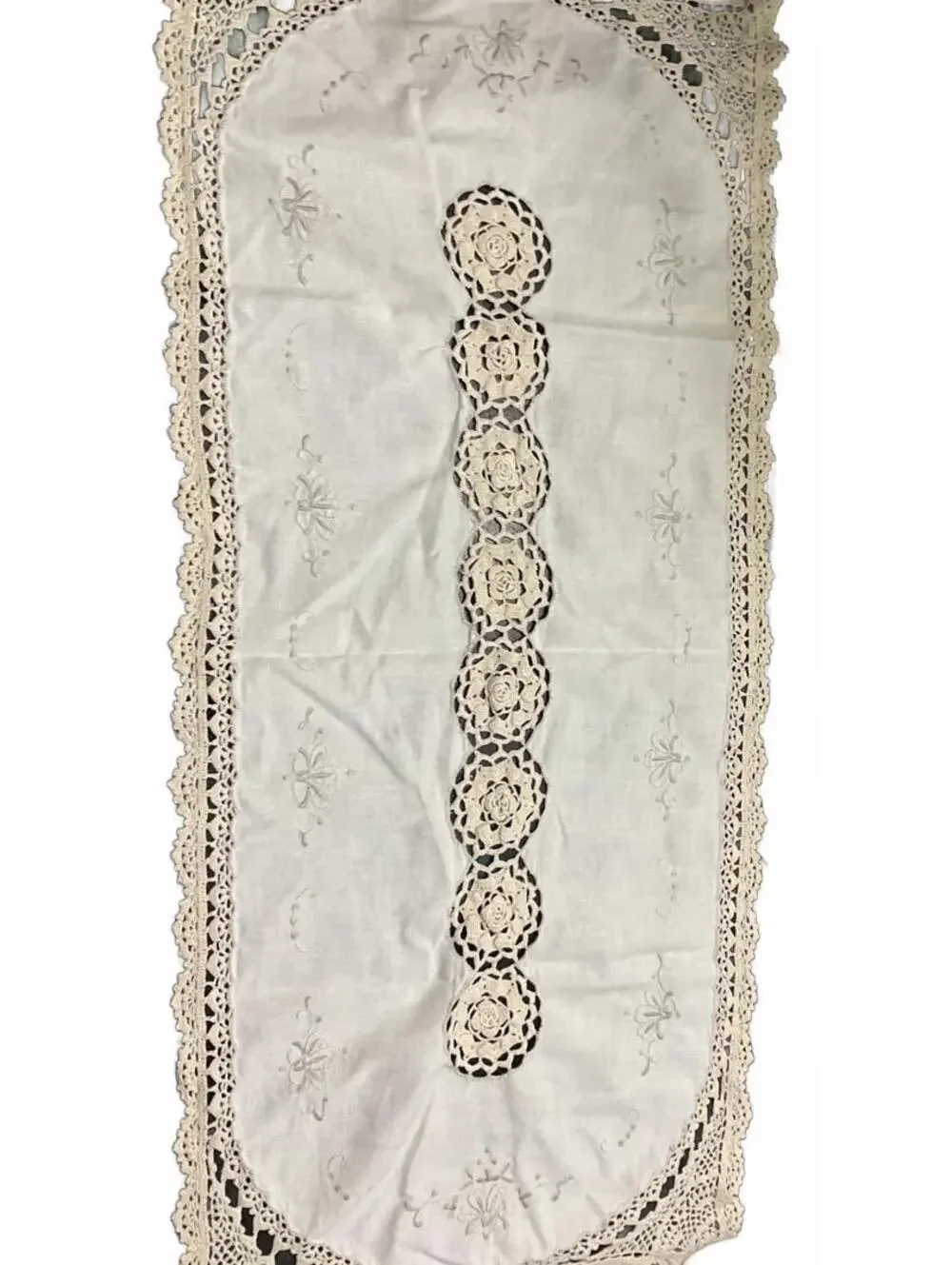 Vintage Handmade Crochet and Embroidered Table Runner